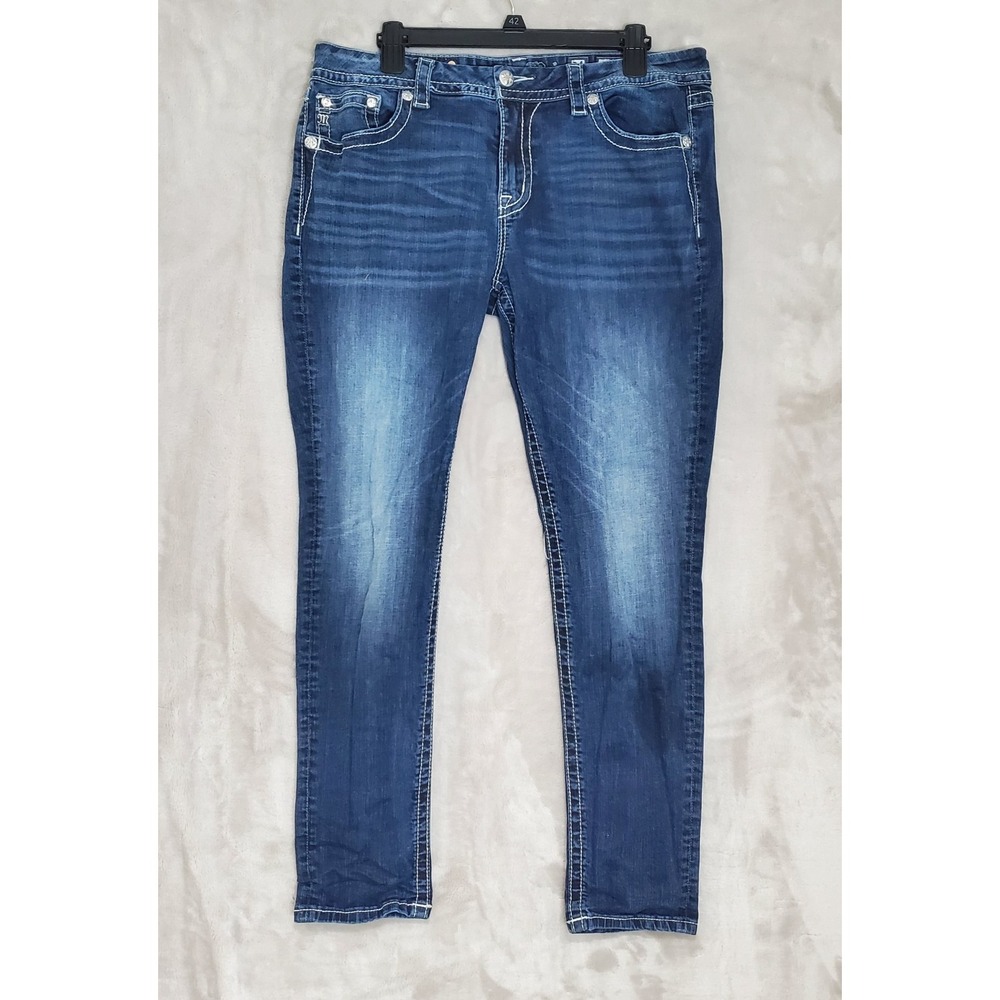 Miss Me Jeans Womens 34 Standard Skinny Leg Distressed Embroidered Pockets Bling